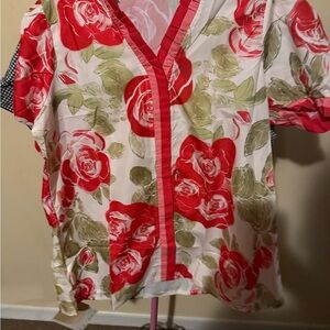 Floral Puff Sleeve Blouse - Red and Green